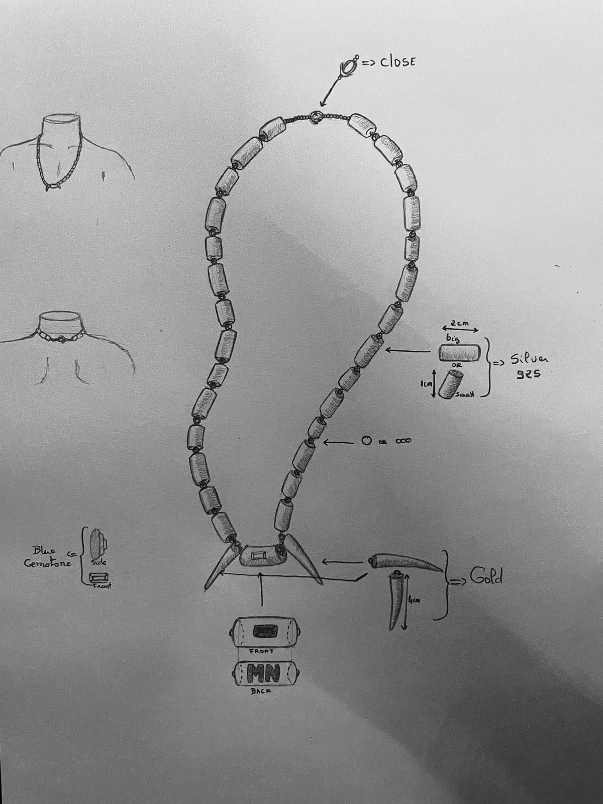 Hand-drawn design sketch of a necklace with technical details.